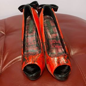 Iron Fist red and black skull high heels with lace detail